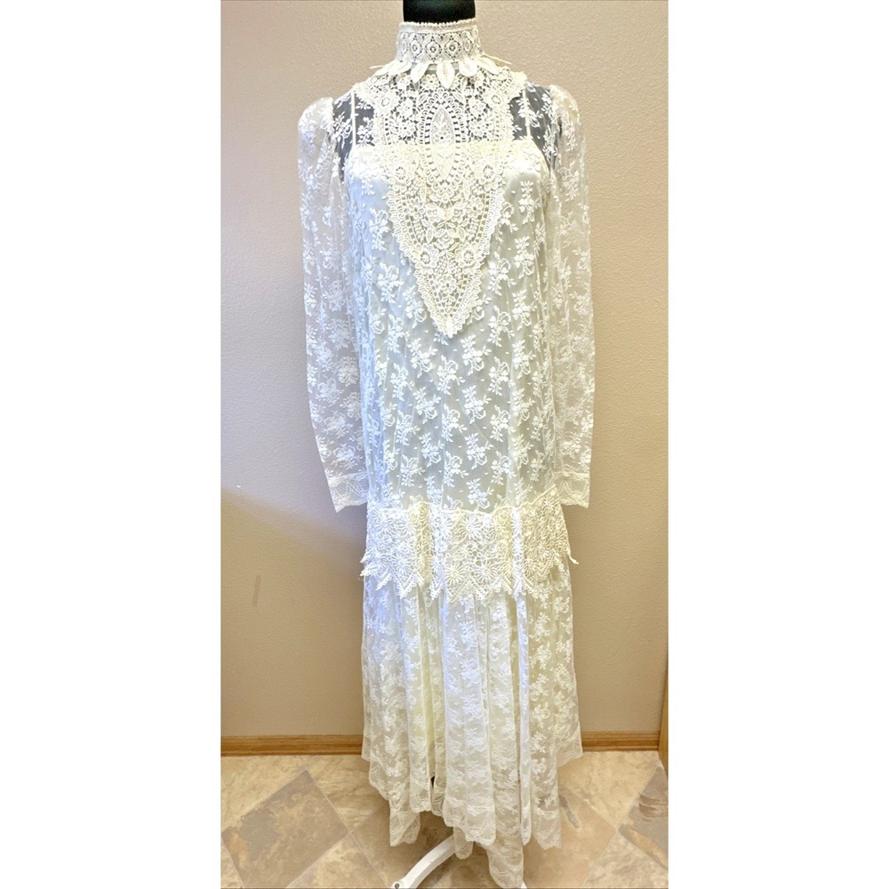 Vtg  Jessica McClintock‎ Ivory Lace 10 Wedding Bride Dress slip Fairy Glam READ